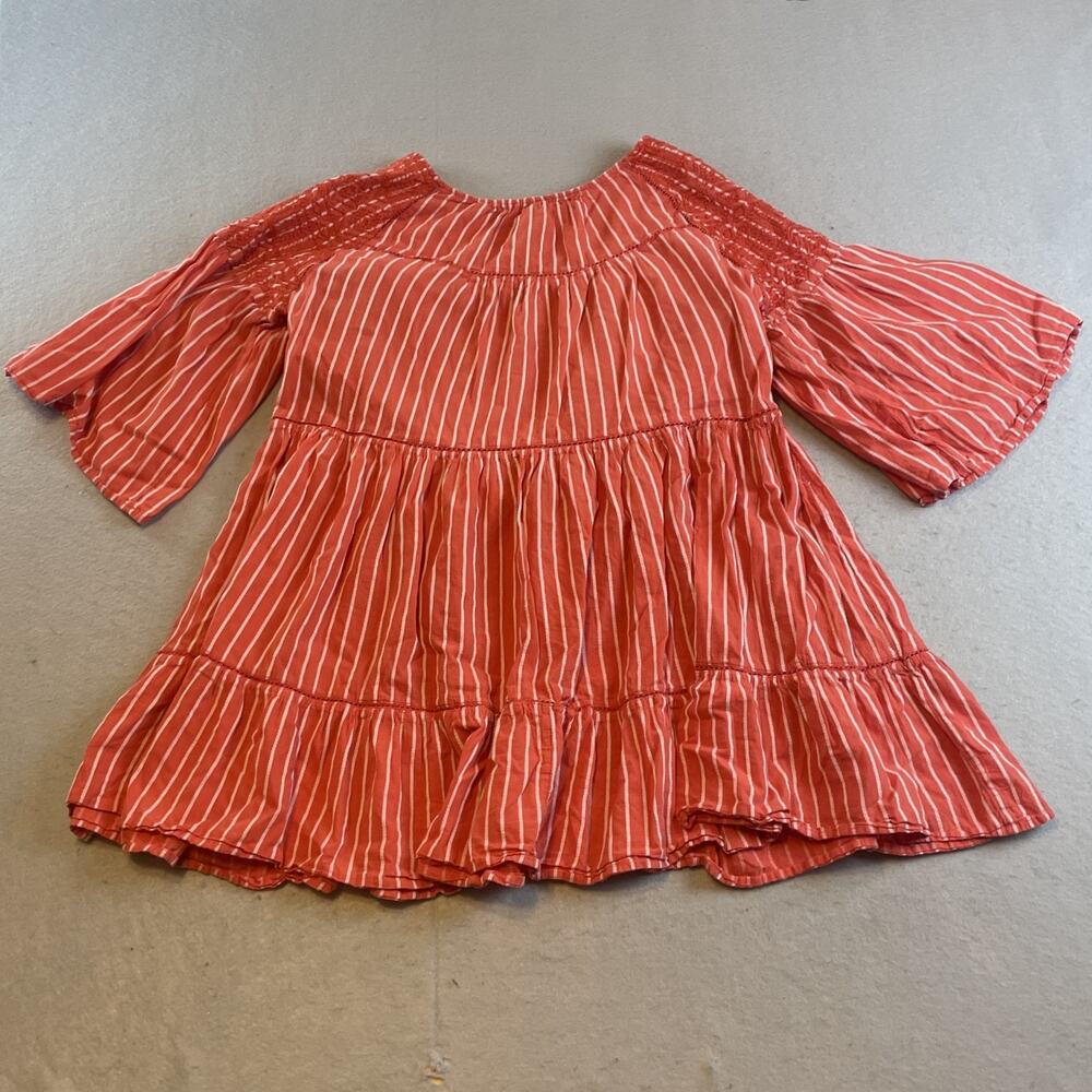 Free People Coral White Striped Off-Shoulder Tiered Mini Dress